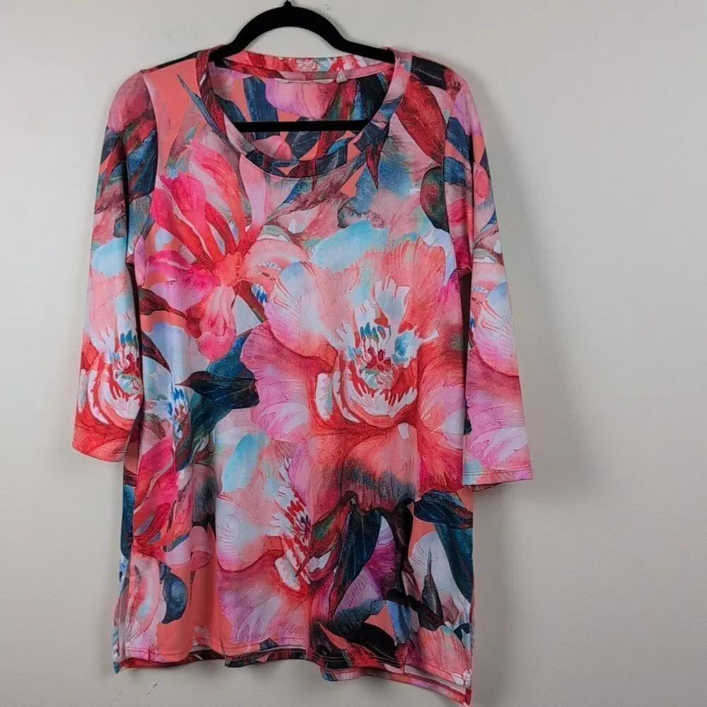 Colorful Sahara Floral Tunic Blouse 3/4 Sleeve Top Soft Surroundings Size M